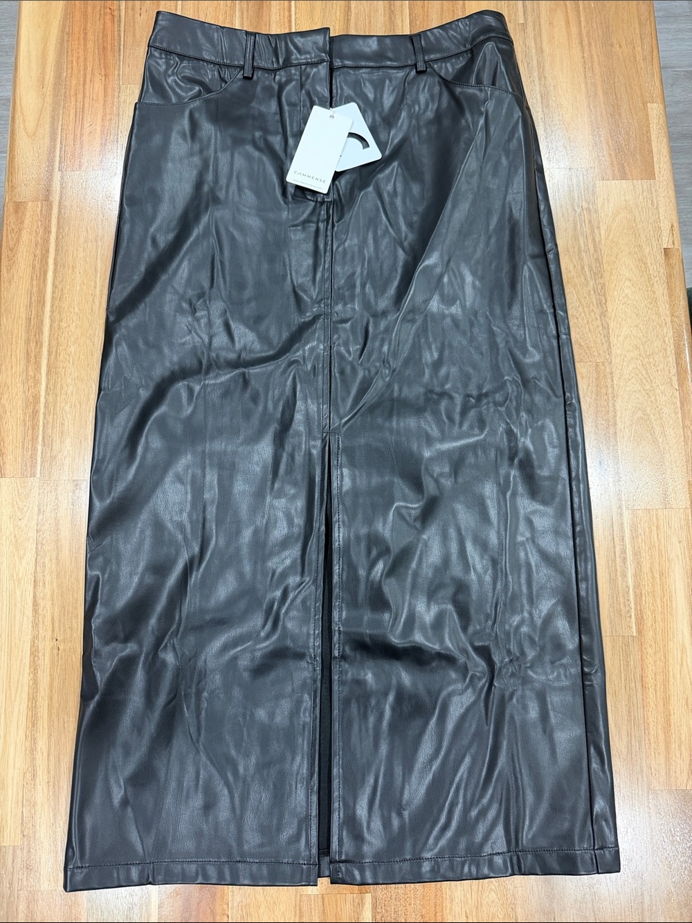 Faux Leather Slit Midi Skirt